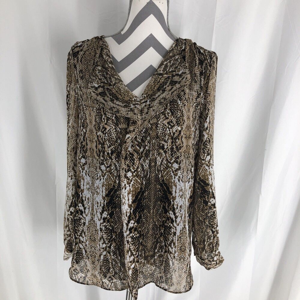 Calvin Klein Womens Snakeskin Print V-Neck Blouse Brown Black Large